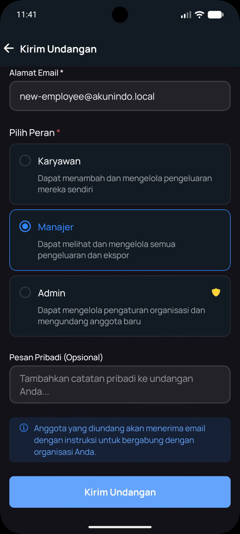 Send Invitation form with email and role